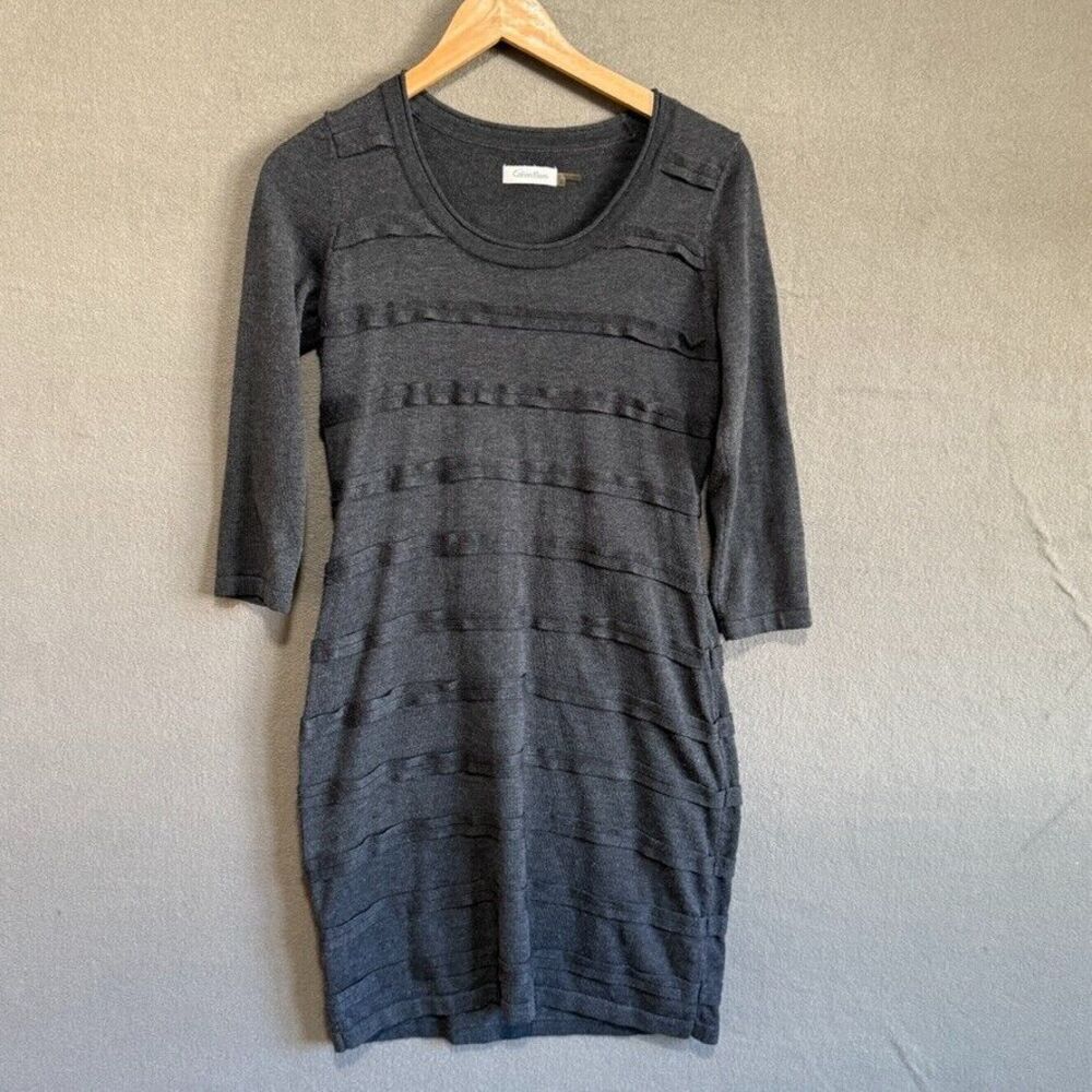 Calvin Klein Dress Womens Small Gray Sweater Knit Sheath Ribbon Trim 3/4 Sleeve